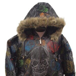 Men’s Skull Embroidery Soft Leather Classic Jacket with Fur Hood